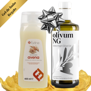 Pack de regalo con botella de aceite de oliva virgen extra olivumNG 500 ml y gel de baño Farline avena 400 ml, presentado con lazo plateado y base dorada.