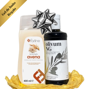 Pack de regalo con botella de aceite de oliva virgen extra olivumNG 500 ml y gel de baño Farline avena 400 ml, presentado con lazo plateado y base dorada.